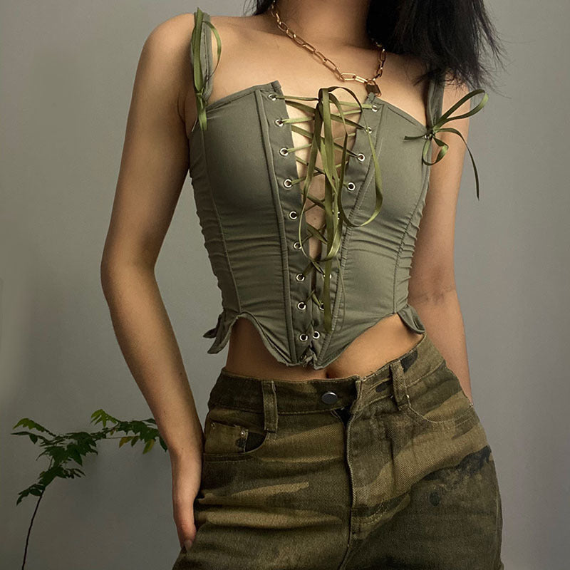 Women's Summer European And American Chest-flattering Slim-fit Lace Up Fishbone Camisole