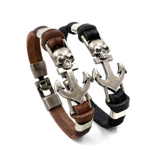 Men's Skull and Anchor Leather Bracelet