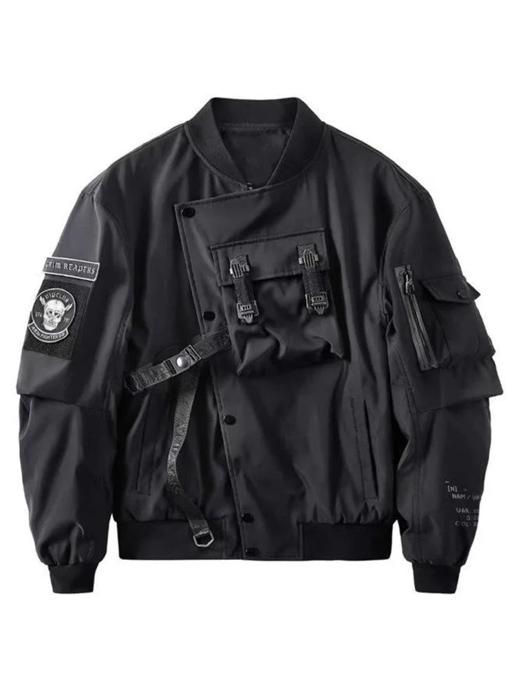 God of Death Bomber Jacket Chest Pocket Techwear Men Punk Hip Hop Tactical Streetwear Black Varsity Jackets Oversized MA1 Coats