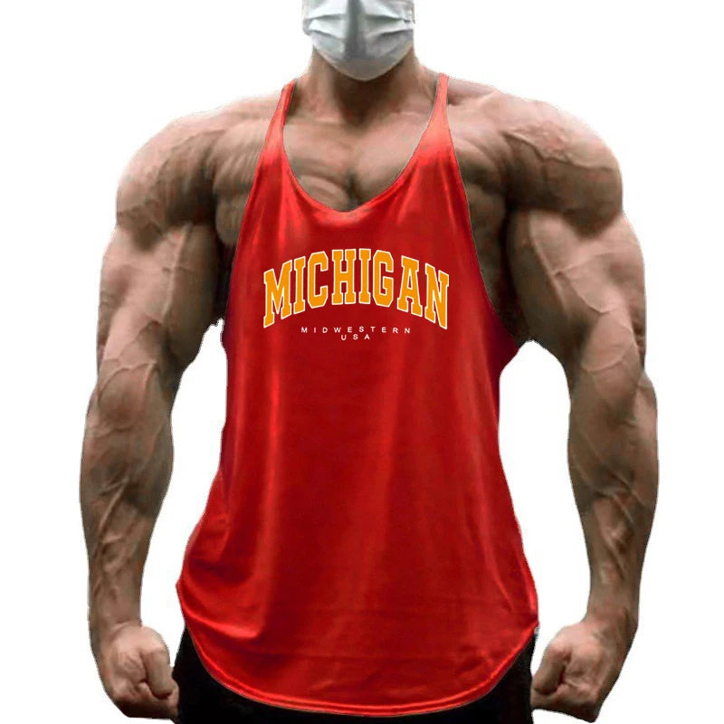 Michigan Midwestern USA Print Gym Fitness Casual Y-back Tank Tops Summer Cotton Sleeveless Breathable Men's Bodybuilding T-shirt