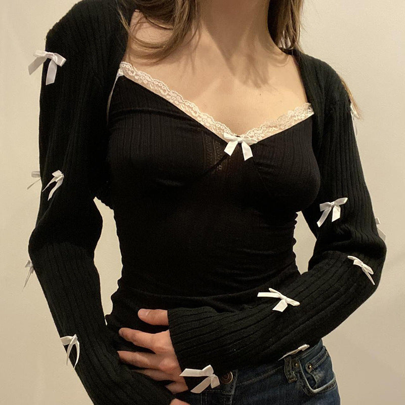 Fashion Women's Bow Stitching Ultra Short Blouse Lace Vest Suit