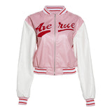 Embroidered Pink Slim Fit Patchwork Baseball Jacket