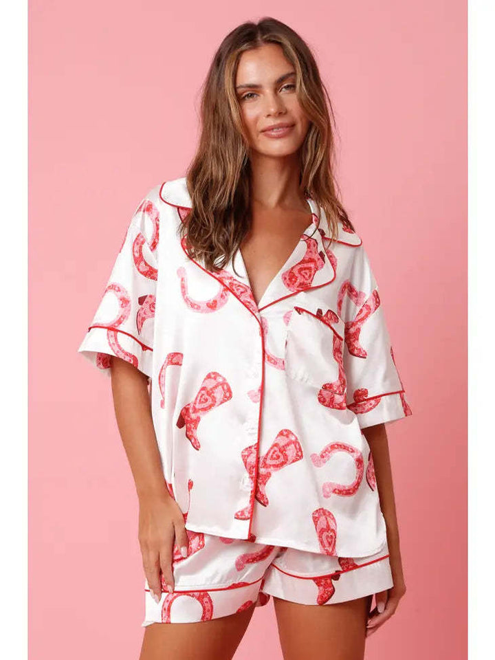 Satin Printed Two-piece Suit Pajamas For Women